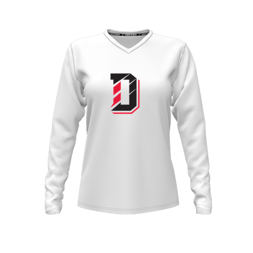 [CUS-DFW-TEES-CMF-VNK-LSL-WHT-FYXS-LOGO1] Decker Comfort T-Shirt (Female Youth XS, White, V Neck, Logo 1, Long Sleeve)