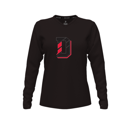 [CUS-DFW-TEES-CMF-VNK-LSL-BLK-FYXS-LOGO1] Decker Comfort T-Shirt (Female Youth XS, Black, V Neck, Logo 1, Long Sleeve)