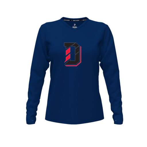 [CUS-DFW-TEES-CMF-VNK-LSL-NVY-FYXS-LOGO1] Decker Comfort T-Shirt (Female Youth XS, Navy, V Neck, Logo 1, Long Sleeve)