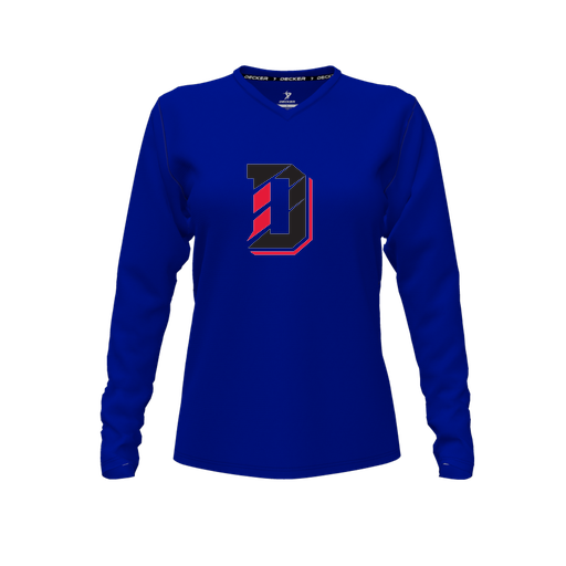 [CUS-DFW-TEES-CMF-VNK-LSL-RYL-FYXS-LOGO1] Decker Comfort T-Shirt (Female Youth XS, Royal, V Neck, Logo 1, Long Sleeve)