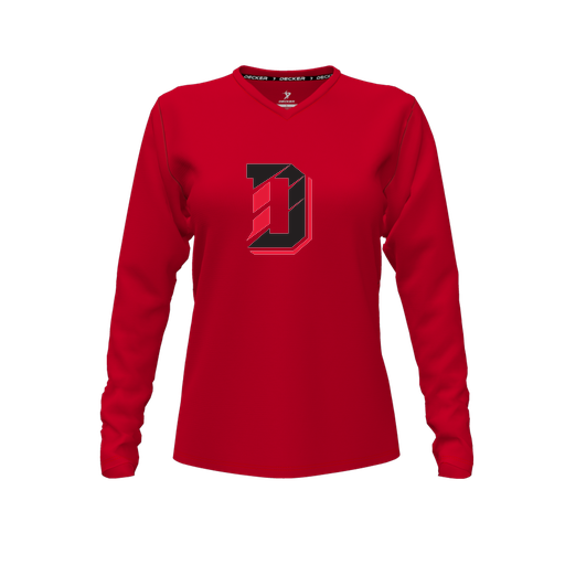 [CUS-DFW-TEES-PER-VNK-LSL-RED-FYXS-LOGO1] Decker Performance T-Shirt (Female Youth XS, Red, V Neck, Logo 1, Long Sleeve)