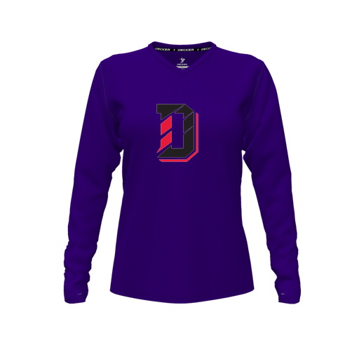[CUS-DFW-TEES-PER-VNK-LSL-PUR-FYXS-LOGO1] Decker Performance T-Shirt (Female Youth XS, Purple, V Neck, Logo 1, Long Sleeve)